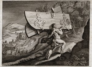 Biblia de Royaumont, Antiguo Testamento: Puertas de Gaza. Sansón, encerrado en Gaza, arranca las puertas de la ciudad. Ilustración de 1811 de Unknown artist