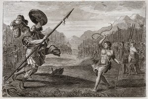 Biblia de Royaumont, Antiguo Testamento: Gigante Goliat. Goliat, filisteo de prodigiosa grandeza, es derrotado por David, armado solo con una honda y un palo. Ilustración de 1811 de Unknown artist