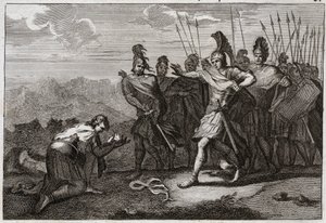 Biblia de Royaumont, Antiguo Testamento: Cabeza de Saúl. Los filisteos disfrutan de la muerte de Saúl y ofrecen su cabeza a su ídolo. David lamenta la muerte y va a Judea, donde es reconocido como rey en Hebrón. Ilustración de 1811 de Unknown artist