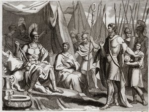 Biblia de Royaumont, Antiguo Testamento: Holofernes. General del ejército de Nabucodonosor II, Holofernes se acerca a Judea. Ahior, rey de los amonitas, que vino a devolverle, levanta ante Holofernes el poder del Dios de los judíos. Ilustración de 1811. de Unknown artist