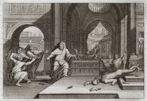 Biblia de Royaumont, Antiguo Testamento: Ídolo de Dagón. Y cuando los filisteos pusieron el arca del pacto en el templo junto a Dagón su Dios, ella derribó su ídolo y los hirió a todos con una plaga muy severa, lo que los obligó a enviarla lejos. Ilustraci de Unknown artist