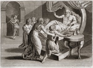 Biblia de Royaumont, Antiguo Testamento: Isaac bendice a Jacob. Isaac, deseando bendecir a Esaú, da su bendición a Jacob por la sabiduría de Rebeca, según el plan de Dios. Ilustración de 1811. de Unknown artist