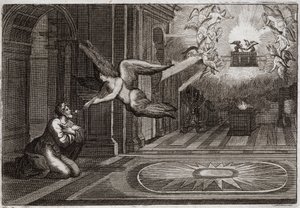Biblia de Royaumont, Antiguo Testamento: Isaías profeta. Un serafín tomó con sus tenazas un carbón ardiente que estaba en el altar, y tocó los labios de este santo profeta, para purificarlo de todas sus manchas. Ilustración de 1811.