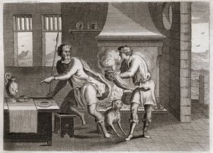 Biblia de Royaumont, Antiguo Testamento: Jacob y Esaú. Esaú vende su primogenitura a su hermano Jacob por unas lentejas. Ilustración de 1811.