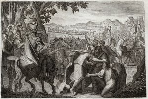 Biblia de Royaumont, Antiguo Testamento: Jacob va a Egipto. Jacob va a encontrar a José con toda su familia. Ilustración de 1811. de Unknown artist