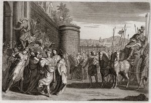 Biblia de Royaumont, Antiguo Testamento: Jefté sacrifica a su hija. Jefté, uno de los jueces de Israel, prometió sacrificar a Dios a la primera persona que viniera a él después de su victoria contra los amonitas. Fue su hija. Ilustración de 1811.