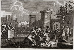 Biblia de Royaumont, Antiguo Testamento: Jerusalén reconstruida. El rey Artajerjes I envió a Nehemías a Jerusalén con permiso para reconstruir todos sus muros. Ilustración de 1811.