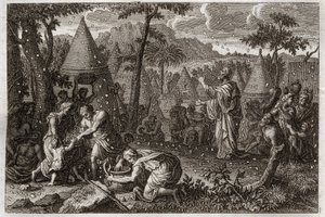 Biblia de Royaumont, Antiguo Testamento: Judíos en el desierto (o la recolección del maná). Dios hace caer maná del cielo durante cuarenta años. Ilustración de 1811. de Unknown artist