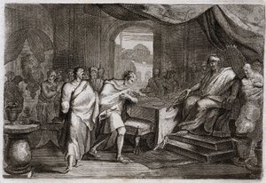 Biblia de Royaumont, Antiguo Testamento: Joaquín suelta las cadenas. Evilmerodach, rey de Babilonia, tras la muerte de Nabucodonosor II, trata a Joaquín, antiguo rey de Judá, y lo saca de las cadenas para sentarlo en su mesa. Ilustración de 1811. de Unknown artist