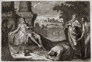Biblia de Royaumont, Antiguo Testamento: Job en el estiércol. El santo Job es tentado por el demonio que le quita todos sus bienes y todos sus hijos, y lo golpea con una terrible herida, dejándole solo a su esposa para que lo lleve con impaciencia. Ilustra de Unknown artist