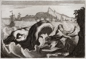 Biblia de Royaumont, Antiguo Testamento: Jonás en la ballena. El profeta Jonás vive en una ballena y sale vivo. Ilustración de 1811. de Unknown artist