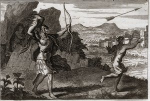 Biblia de Royaumont, Antiguo Testamento: Jonatán y David. Y cuando Jonatán vio la amargura de su padre, Saúl lo advirtió para que se retirara. Ilustración de 1811 de Unknown artist