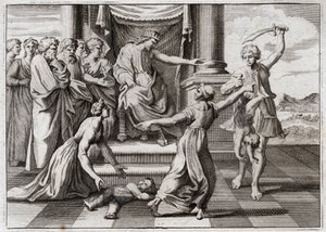 Biblia de Royaumont, Antiguo Testamento: Juicio de Salomón. El famoso juicio de Salomón entre dos mujeres, para reconocer cuál de las dos era la madre de un niño, que ambas reclamaban como suyo. Ilustración de 1811 de Unknown artist
