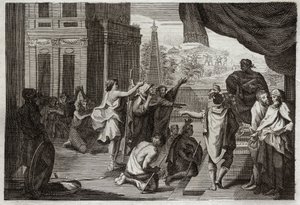 Biblia de Royaumont, Antiguo Testamento: Moisés ante el Faraón. Moisés pide al Faraón que deje ir a los hebreos al desierto para sacrificar al Señor. Ilustración de 1811.