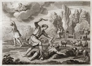 Biblia de Royaumont, Antiguo Testamento: Asesinato de Abel. Caín lleva a su hermano con envidia contra Abel, lo saca al campo como si fuera a pasear y lo mata. Ilustración de 1811. de Unknown artist