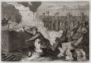 Biblia de Royaumont, Antiguo Testamento: Nadab y Abiú. Nadab (Nadav) y Abiú (Abihou), los hijos de Aarón, que pusieron un fuego extraño en sus incensarios, para ofrecer incienso a Dios, fueron quemados en el mismo Tabernáculo. Ilustración de 1811. de Unknown artist