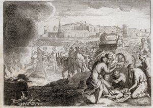 Biblia de Royaumont, Antiguo Testamento: Oza golpeado por Dios. David quiere traer de vuelta el Arca de la Alianza. Oza murió, quien puso su mano allí para evitar que cayera. Ilustración de 1811. de Unknown artist