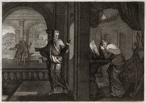 Biblia de Royaumont, Antiguo Testamento: Penitencia de David. Dios envía a su profeta Natán a David para representarle su culpa. El arrepentimiento que este santo rey concibió de ella le hace aceptar todos los males que el profeta le predijo. Ilustración d