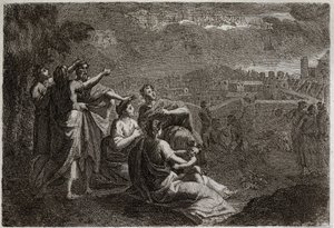 Biblia de Royaumont, Antiguo Testamento: Predicciones sobre Jerusalén. Dios ha levantado armas en el aire sobre Jerusalén, para infligirle los males que iban a caer sobre ella. Ilustración de 1811. de Unknown artist