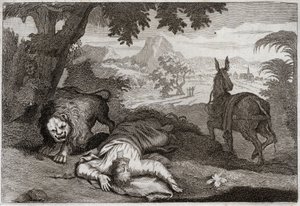 Biblia de Royaumont, Antiguo Testamento: Profeta desobediente. Un profeta, habiendo reprendido a Jeroboam por su impiedad, es asesinado por un león, porque no obedeció al Señor, quien le había prohibido comer y beber en ese lugar. Ilustración de 1811 de Unknown artist