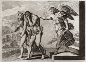 Biblia de Royaumont, Antiguo Testamento: Castigo de Adán. Dios expulsa a Adán y Eva del Paraíso después de su caída, y pone un querubín en la puerta para defender su entrada. Ilustración de 1811. de Unknown artist