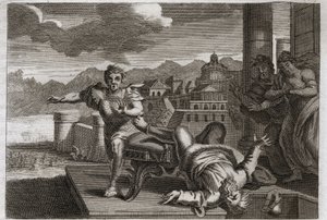 Biblia de Royaumont, Antiguo Testamento: Castigo de Heli. Dios, para castigar al gran sacerdote Heli (Eli) por su negligencia al tomar las órdenes de sus hijos, permite que caiga de su asiento y se rompa la cabeza al escuchar la noticia de su muerte.