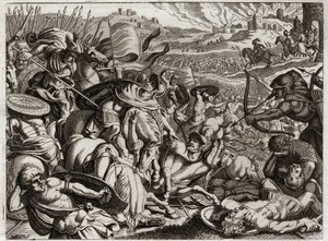 Biblia de Royaumont, Antiguo Testamento: Castigo de los benjamitas. La tribu de Benjamín es exterminada. Ilustración de 1811. de Unknown artist