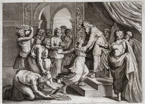 Biblia de Royaumont, Antiguo Testamento: Reina de Saba. La Reina de Saba viene a Salomón para escuchar su sabiduría y ofrecerle regalos. Ilustración de 1811
