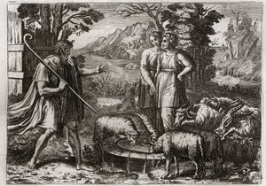 Biblia de Royaumont, Antiguo Testamento: Raquel y Lea. Jacob sirve a Labán, su tío, para casarse con su hija Raquel. Ilustración de 1811. de Unknown artist