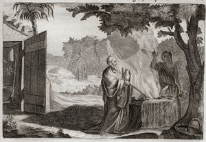 Biblia de Royaumont, Antiguo Testamento: Sacrificio de Gedeón. Gedeón (Gedeón) es llamado por Dios para liberar a los judíos de sus enemigos. Ofrece un sacrificio sobre una piedra, de la cual sale un fuego que lo consume. Ilustración de 1811.