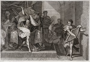 Biblia de Royaumont, Antiguo Testamento: Saúl quiere matar a David. Saúl lleno de ira y envidia contra David, quiere atravesarlo con su lanza cuando tocaba el arpa frente a él. Ilustración de 1811.