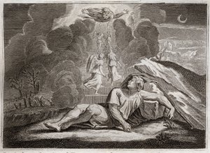 Biblia de Royaumont, Antiguo Testamento: Escalera de Jacob. Jacob, huyendo de la ira de Esaú, ve en sueños una escalera misteriosa. Ilustración de 1811.