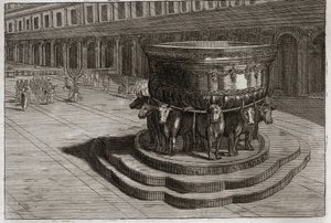 Biblia de Royaumont, Antiguo Testamento: Mar de bronce. El mar de bronce se utiliza para lavar los pies y las manos de los sacerdotes cuando entran al templo. Ilustración de 1811.