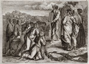 Biblia de Royaumont, Antiguo Testamento: Segundas Tablas de la Ley. Dios da a Moisés otras tablas (Diez Mandamientos), que el pueblo recibe con respeto. Ilustración de 1811.
