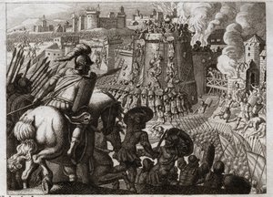 Biblia de Royaumont, Antiguo Testamento: Sitio de Jerusalén. Nabucodonosor II sitió Jerusalén, la tomó y llevó todas las riquezas y todos los habitantes de esa ciudad a Babilonia. Ilustración de 1811 de Unknown artist
