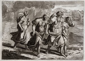 Biblia de Royaumont, Antiguo Testamento: Sodoma quemada. Dios irritado por los abominables crímenes de Sodoma, la quema junto con otras ciudades vecinas, con una lluvia de fuego y azufre que cae del cielo (Lot, sus hijas y su esposa huyen de la ciudad). Il de Unknown artist