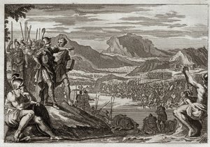 Biblia de Royaumont, Antiguo Testamento: Soldados de Gedeón. Dios ordena a Gedeón (Gedeón) que lleve a todas sus tropas al río Jordán, y le da una señal para discernir a aquellos que debía usar para luchar contra los madianitas. Ilustración de 1811. de Unknown artist