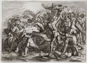 Biblia de Royaumont, Antiguo Testamento: Detención del sol. Josué persiguiendo a sus enemigos amorreos (amoritas) hace que el sol se detenga, para tener más tiempo para derrotarlos. Ilustración de 1811. de Unknown artist