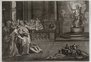 Biblia de Royaumont, Antiguo Testamento: El ídolo de Bel. Daniel destruyó el ídolo de Bel y mató a un dragón al que los babilonios adoraban. Ilustración de 1811 de Unknown artist