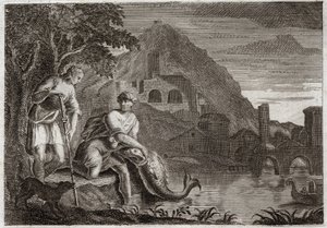 Biblia de Royaumont, Antiguo Testamento: El ángel guía a Tobías. El joven Tobías está aterrorizado por un pez (milagroso) que quería comérselo. El ángel Rafael viene por orden de Dios para guiarlo en un viaje que tenía que hacer. Ilustración de 1811. de Unknown artist