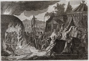 Biblia de Royaumont, Antiguo Testamento: Los tres jóvenes de Babilonia en el horno. El rey Nabucodonosor II arroja a tres jóvenes hebreos a un horno ardiente, de donde son liberados milagrosamente. Se llaman Ananías, Azarías y Misael (o Sadrac). de Unknown artist