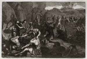 Biblia de Royaumont, Antiguo Testamento: Ladrones de Siceleg. Algunos amalecitas vienen a saquear Siceleg en ausencia de David. Él corre furioso y los derrota. Ilustración de 1811. de Unknown artist
