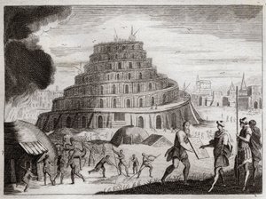 Biblia de Royaumont, Antiguo Testamento: Torre de Babel. Los hombres quieren por vanidad levantar una Torre hasta el cielo. Dios impide esta obra confundiendo sus lenguas para que no puedan entenderse. Ilustración de 1811 de Unknown artist