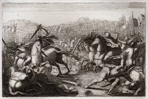 Biblia de Royaumont, Antiguo Testamento: Victoria de Judas. Judas Macabeo derrotó a Apolonio, Serón, Ptolomeo Macron, Gorgias, Nicanor y Lisias en varias batallas. Ilustración de 1811. de Unknown artist