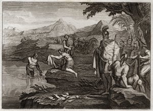 Biblia de Royaumont, Antiguo Testamento: Guerra de Naamán. Naamán, general del ejército del rey de Siria, vino a encontrar al profeta Eliseo para ser curado de su lepra. Ilustración de 1811. de Unknown artist