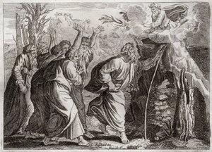 Biblia de Royaumont, Antiguo Testamento: Agua de la roca. Moisés saca agua de la roca y da de beber al pueblo de Israel. Ilustración de 1811