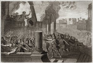 Biblia de Royaumont, Antiguo Testamento: Zambri se quema. Zambri, habiéndose rebelado contra Ela, el cuarto rey de Israel, se atrinchera en Tersa, donde se quema a sí mismo, con toda su familia, en su palacio. Ilustración de 1811