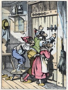 Los biquets escuchan quién llama a la puerta. Ilustración del cuento "Compere le Loup, Maitre Renard, Comere la Chevre et ses petits biquets" después de una fábula de Jean de la Fontaine. En "Cuentos del hogar para los pequeños". Grabado anónimo del siglo  de Unknown artist