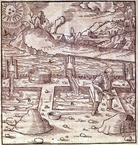 Recuperación de betún. Georg Bauer "Agricola De Re metallica" libro del siglo XV. Bibl. del Museo de Ciencia, Milán. de Unknown artist