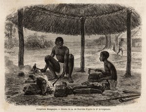 Herreros manganjas (grupo étnico de la región del Zambeze). Grabado para ilustrar los primeros viajes del Dr. Livingstone al sur de África de 1840 a 1856, en “Le tour du monde, nouveau journal des voyages” publicado bajo la dirección de Edouard Charton